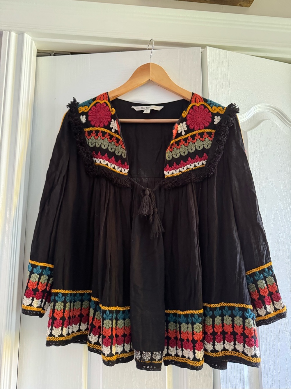 Zara Black Embroidered Boho Peasant Blouse with Multicolor Accents - Picture 9 of 10